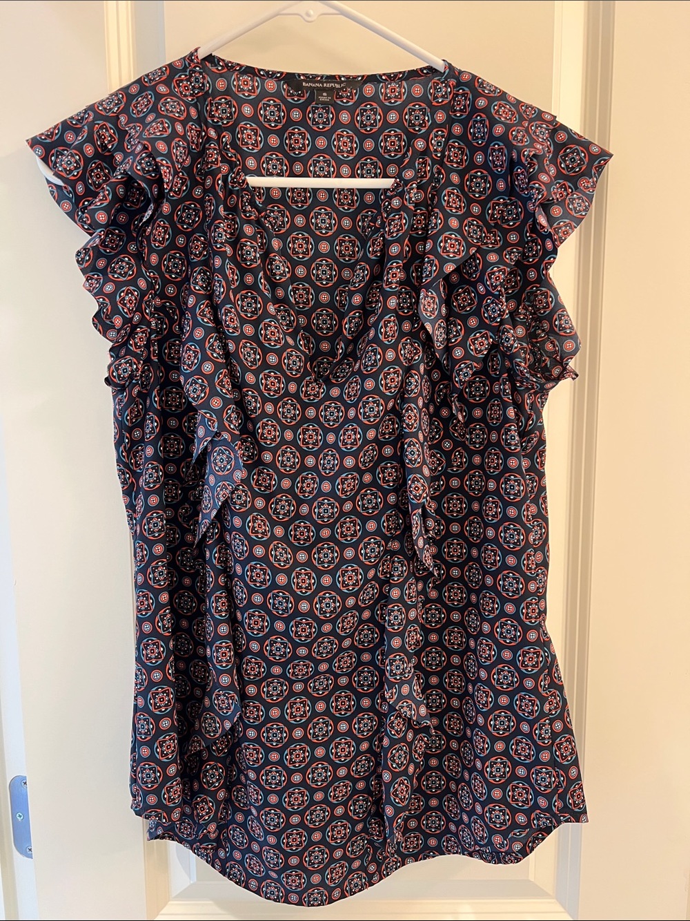 Banana Republic Navy Blue and Red-Orange Medallion Ruffle Blouse